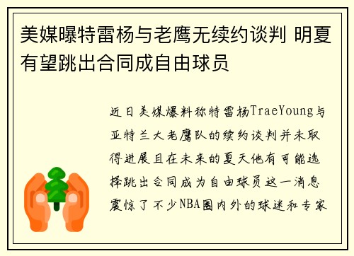 美媒曝特雷杨与老鹰无续约谈判 明夏有望跳出合同成自由球员